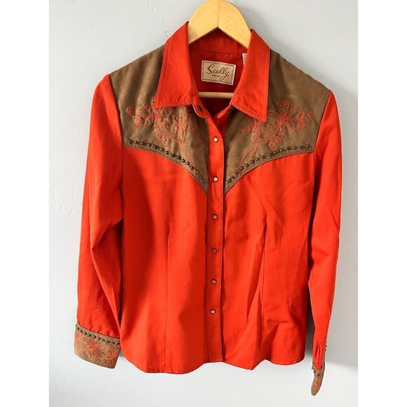 Scully Other - Scully Pearl Snap‎ Shirt Size M Burnt Orange Blue Brass & Embroidered Art Cowboy